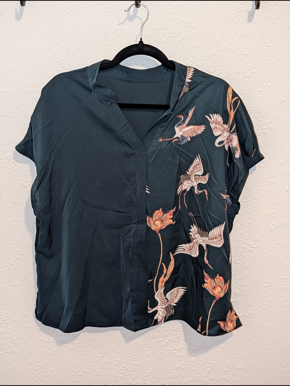SHEIN Dark Teal Crane & Floral Split-Neck Blouse